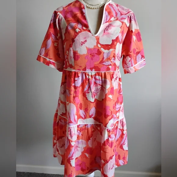 Vince Camuto Linen Blend Tropical Print Pink Orange Floral Easy Dress Size 4 - Picture 3 of 16